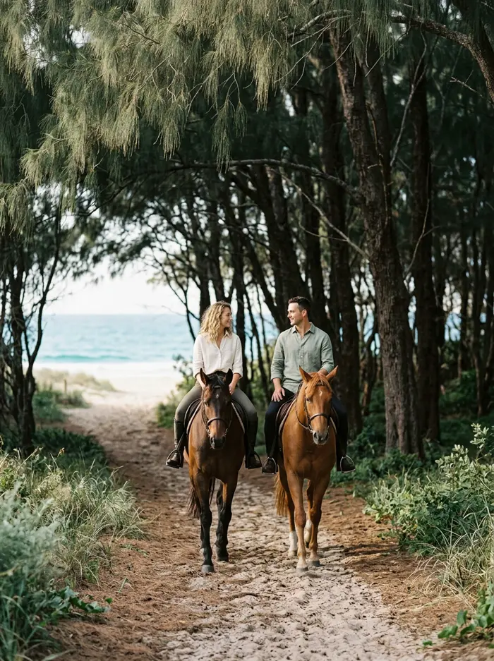 A couple riding through the casuarina forest