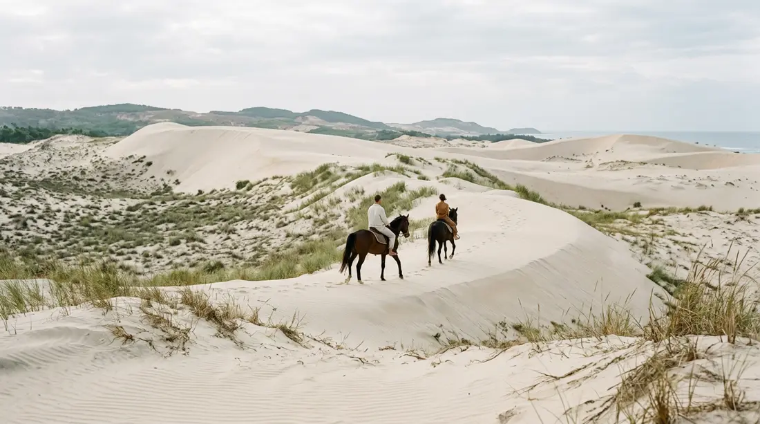 Two riders crossing the sand dunes