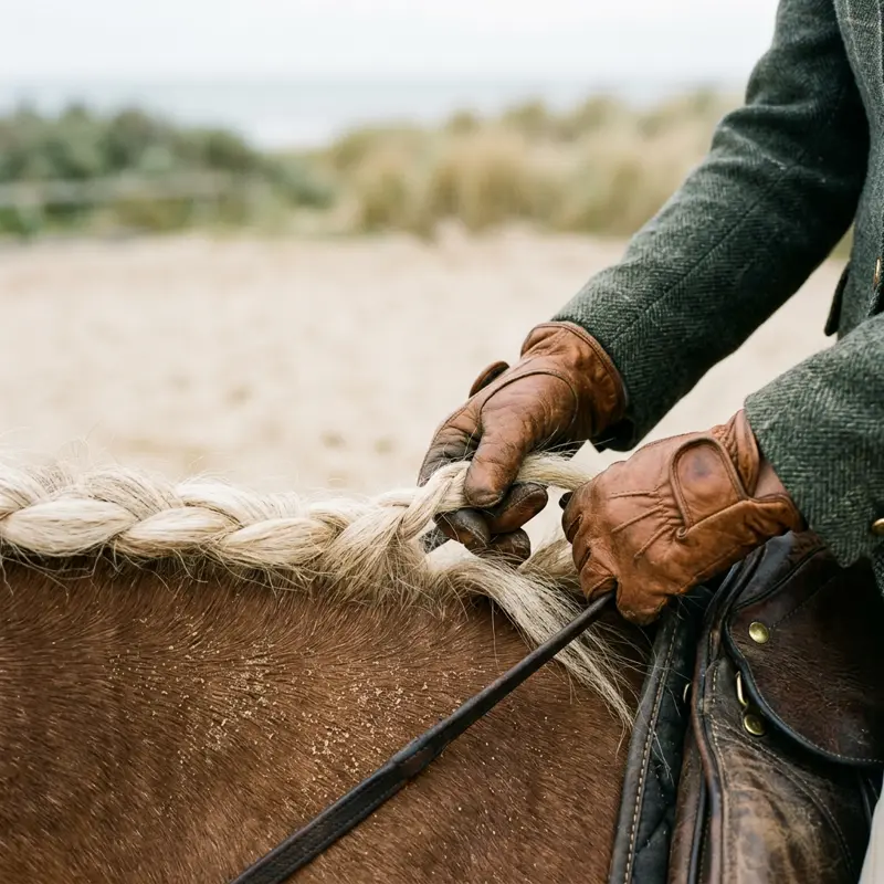 Gloved hands holding the reins during a riding lesson