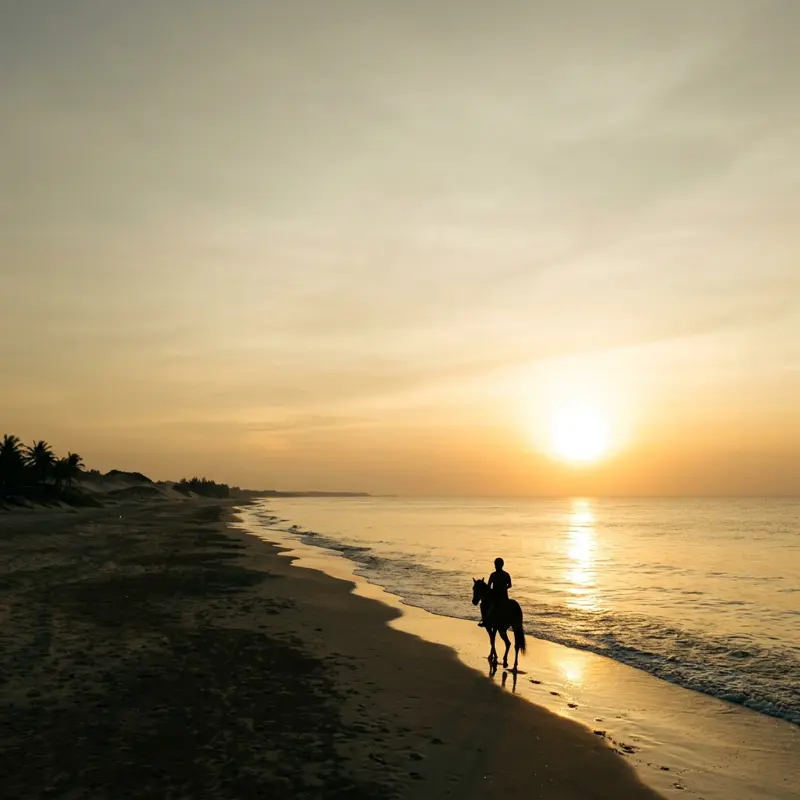 Silhouette of horse and rider against the setting sun over the sea