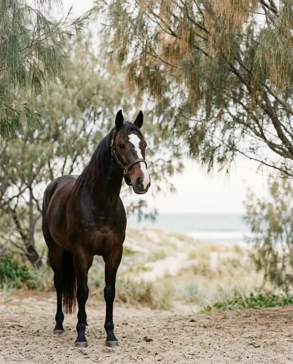 Núi, a dark bay horse